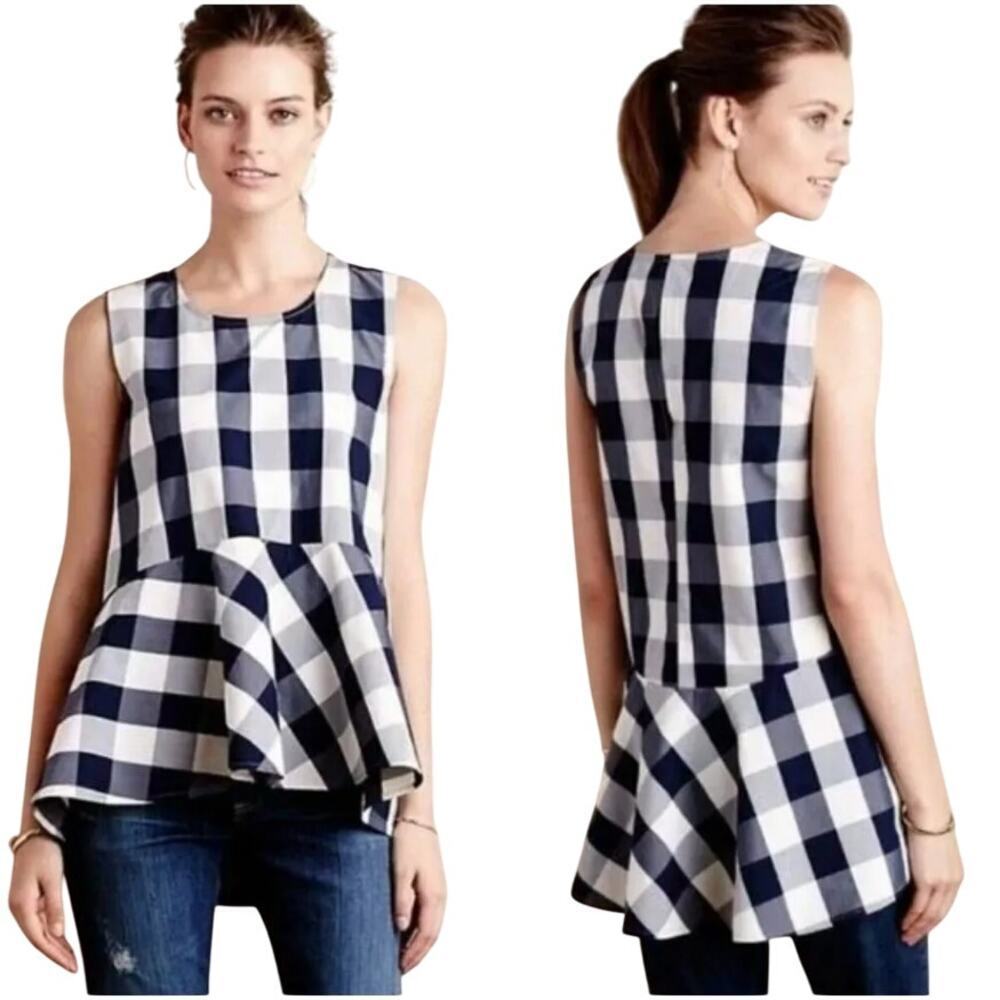 Anthropologie HD in Paris Womens Gingham Sleeveless Peplum Top Navy Blue Size 2